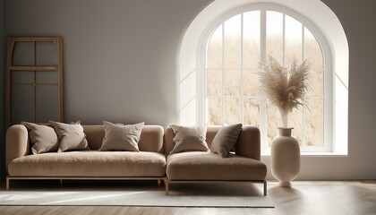  Scandinavian style, minimalist, Sofa and vase with small pampas grass against window near wall, modern interior