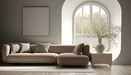 Scandinavian style, minimalist, Sofa and vase with flower against window near wall with arch