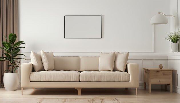 Scandinavian style beige sofa made and wooden table against white wall with one frame, home interior 