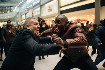 Two men fighting over goods on Black Friday - obrazy, fototapety, plakaty