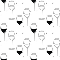 Wine glass icon background. Line continuous  seamless pattern. Cartoon linear backdrop. Outline doodle illustration. Drinks wallpaper, print, graphic design, card, banner, bar, poster.