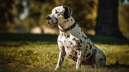playful dalmatian dog in the park, lawn ,yard, grass