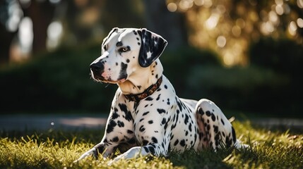 playful dalmatian dog in the park, lawn ,yard, grass
