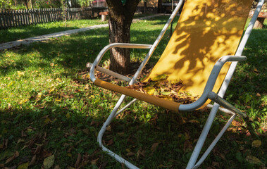 lawn chair with autumn fallen leaves  - 648298075