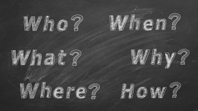 Six most common questions Who, what, where, when, why, how with question mark. Asking questions. Having answers. Chalk Illustration on blackboard. FAQ. Question and answer. Ask us.