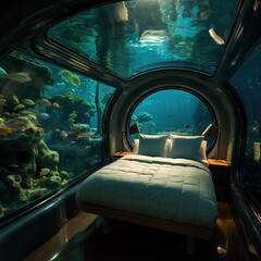 Hotel room with double bed with a view on beautiful coral reef. Underwater hotel concept. 