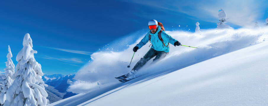 Skier carving down a powdery slope against a clear blue sky