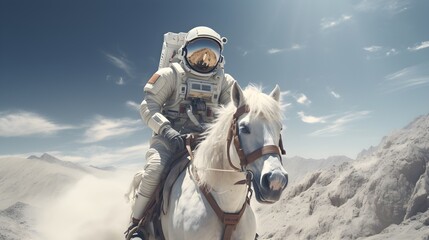 Astronaut riding horse in space suit, Creative concept - obrazy, fototapety, plakaty