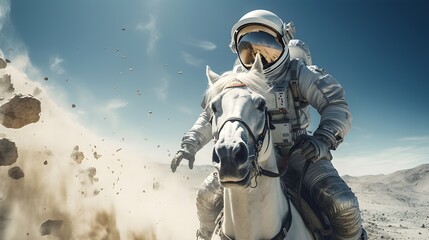Astronaut riding horse in space suit, Creative concept