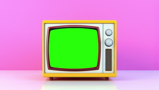 Retro tv, vintage television with a green screen, noise, interference in empty pink room. 