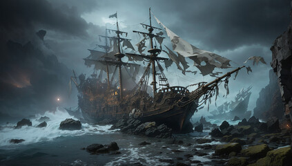 A spectral pirate ship, its sails tattered and torn, sits atop a rocky shoreline, surrounded by a swirling mist of ghostly figures and eerie seaweed - AI Generative