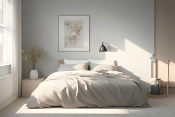 Fototapeta na wymiar Step into the tranquility of a serene bedroom with a neatly made bed and a captivating painting on the wall. This 8k render bathes the room in natural light, offering a hyper-realistic, minimalist art