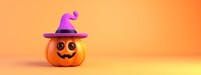 3d orange pumpkin monster wearing witch hat isolated on orange background with copy space, Halloween banner design. - obrazy, fototapety, plakaty