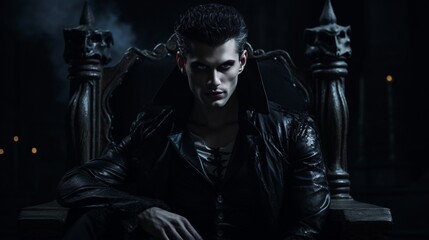 Handsome scary male vampire with fangs, in black fancy suit, sitting in darkness throne on castle background, with copy space, Halloween event poster and background idea. - obrazy, fototapety, plakaty