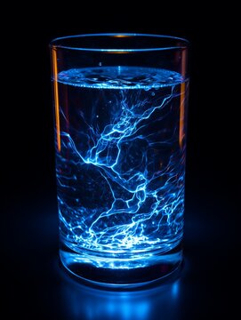 A glass of poison and nuclear polluted water isolated on black, fluorescence radiation effect, scary contaminated water.