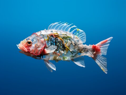 Fish made of waste plastic trash swimming in the sea, concept of water ocean pollution, environment protection, ALPS treated water discharge, marine plastic pollution.