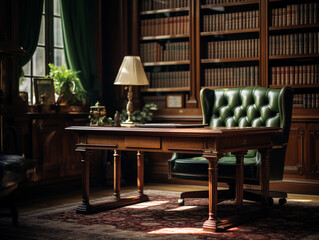 a classic executive office, dark mahogany desk, green banker's lamp, leather chair, bookshelves full of law books, Persian rug, shot in dramatic low - light conditions