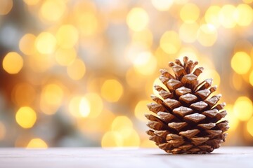 Christmas pine cone with bright lights, bokeh, festive background with copy space
