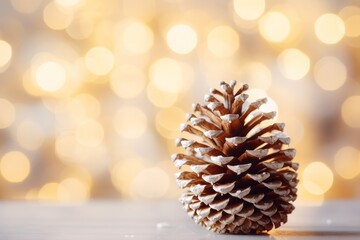 Fototapeta na wymiar Christmas pine cone with bright lights, bokeh, festive background with copy space