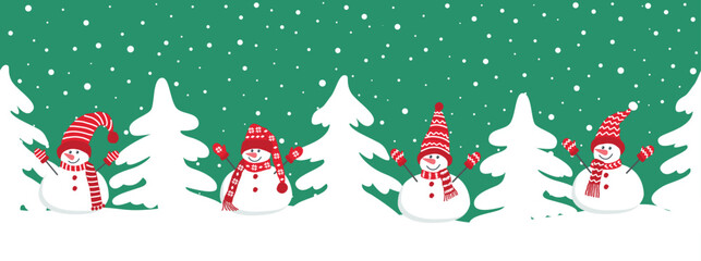 Snowmen have fun in winter holidays. Seamless border. Christmas background. Four different snowmen in red hats and scarves. White fir trees. Template for greeting card. Vector illustration