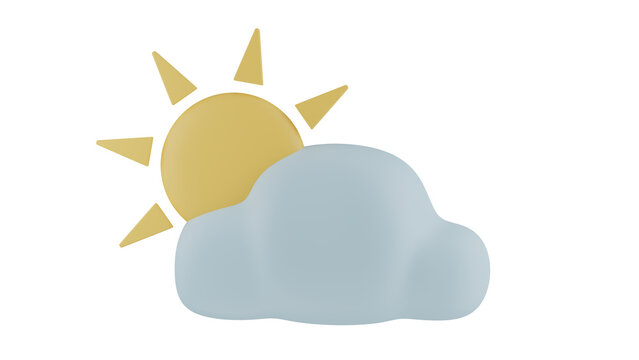 Yellow sun with cloud in cartoon style isolated on transparent and white background. Synoptic concept. 3D render