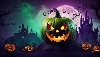 Scary and handsome pumpkin, green and purple background, castle and moon - AI Generative