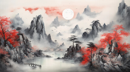 A Symphony in Red: Abstract Ink Landscapes of Mountains and Forests