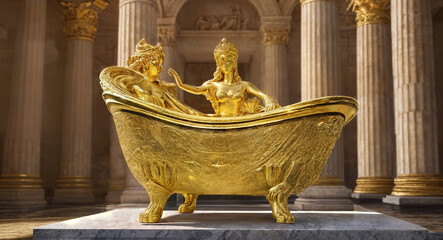 Baño de oro en un templo griego con columnas. - obrazy, fototapety, plakaty