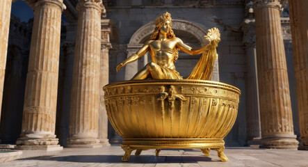 Baño de oro en un templo griego con columnas. - obrazy, fototapety, plakaty