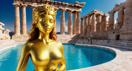 Templos griegos al atardecer con piscina de aguas termales y escultura de oro. - obrazy, fototapety, plakaty