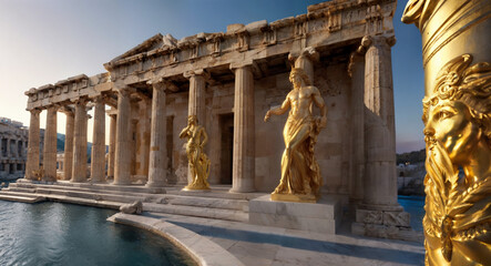 Templo griego al atardecer con piscina de aguas termales y esculturas doradas. - obrazy, fototapety, plakaty