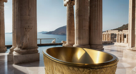 Templos griegos al atardecer con can bañera dorada y piscina de aguas termales.