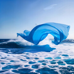 Composición surrealista de una gran tela de raso azul flotando sobre las olas del mar. - obrazy, fototapety, plakaty