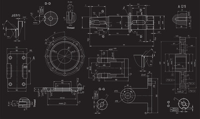 Vector engineering drawing of a steel mechanical parts with through holes.
Industrial cad scheme. Technology background.