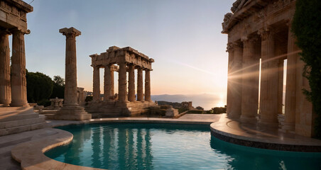 Templos griegos al atardecer con piscina de aguas termales.  - obrazy, fototapety, plakaty