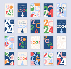 Poster set design of 2024 Happy New Year. Mega set. Strong typography. Colorful and easy to remember. Greeting concept for 2024 new year celebration. Happy new year 2024 design poster. Vector poster