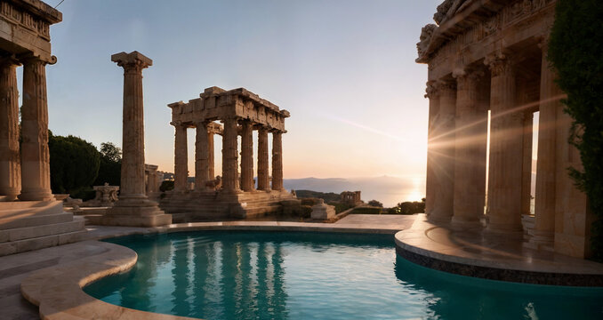 Templos griegos al atardecer con piscina de aguas termales. 