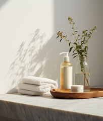 Cosmetic products, towels and vase with flowers  on shelf in modern bathroom