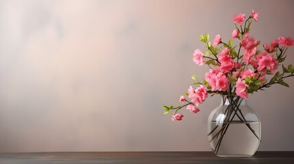 Fototapeta premium Elegant Home Decor: Glass Vase with Pink Calibrachoa Blossoms on Glass Table - Blank Taupe Wall Background with Copy Space