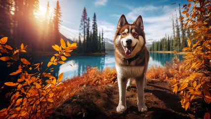 Brown husky dog on a background of a lake and mountains on an autumn day.