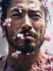 Japanese Ronin's face, intense gaze, unwashed and gritty, cherry blossom petals sticking to his sweaty skin