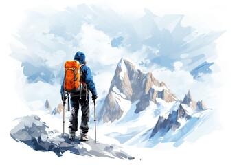 Fototapeta na wymiar Man with backpack standing on the top of mountain and enjoying the view. Travel concept. Achieving your dreams. Digital art in watercolor style. Illustration for cover, card, interior design or print.