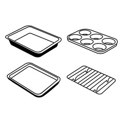 A versatile black and white vector illustration of an oven bakeware set, including a cooling rack, cookie sheet, cake pan, and muffin pan. Ideal for culinary designs and kitchen-themed projects.