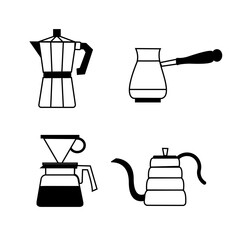 A collection of coffee equipment vectors, including Мока Рот, Gooseneck Kettle, Pour Over, and Turkish Coffee Pot – ideal for coffee infographics and cafe graphics.