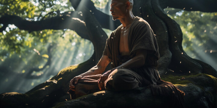 Japanese warrior monk( Sohei) meditating under a giant, ancient tree, beads of sweat on his forehead, sunrays piercing through leaves