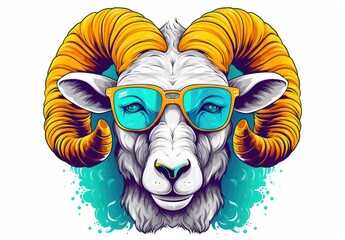 Muzzle of a fashionable ram. Bighorn in sunglasses. Animal fashion.  Digital art in watercolor style. Printable design for t-shirts, mugs, cases, etc.