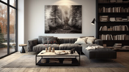 Luxury house mansion home interior in living room with book shelf.