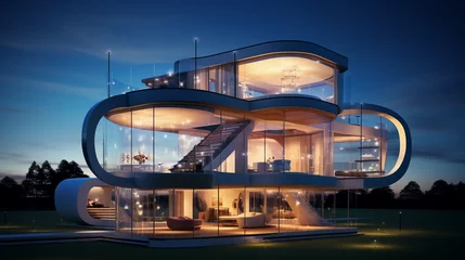 Fotobehang Luxury villa house at night. Rich resort like dream house lifestyle for investor retirement. © Billijs