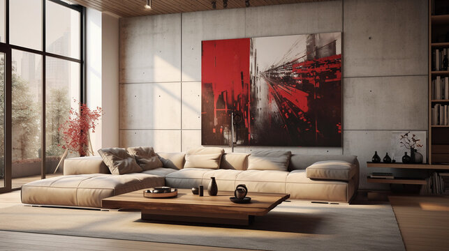 Luxury house mansion home interior in living room with red accent wall art.