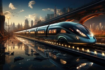 A technological urban landscape with a high-speed train crossing a bridge - obrazy, fototapety, plakaty